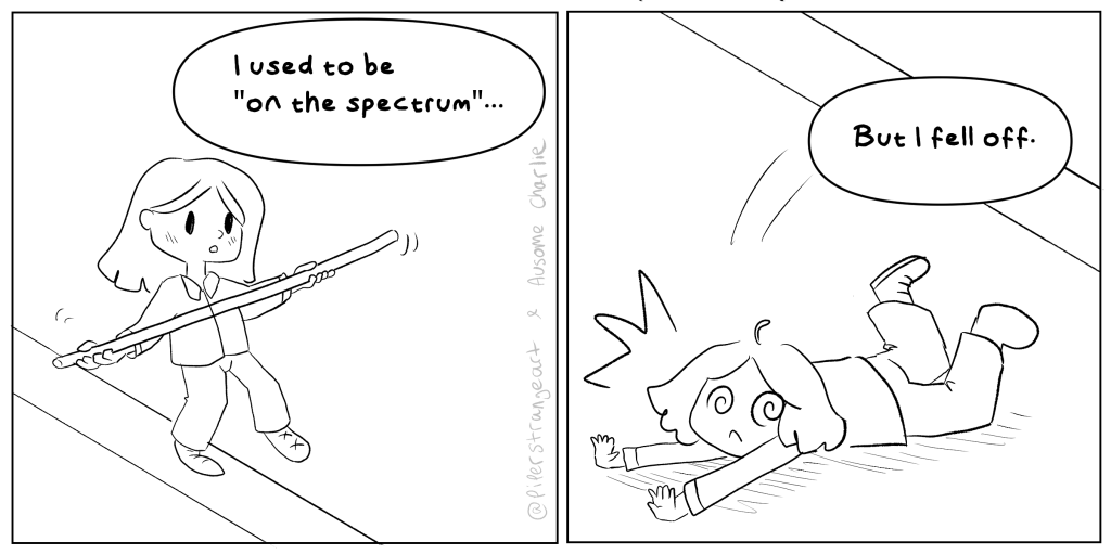Two panel comic strip, white background, black line drawings. 1) Charlie balancing precariously on a balance beam, with caption I used to be "on the spectrum". 2) Charlie landing on the floor with a bump, spirals for eyes, with caption But I fell off. 