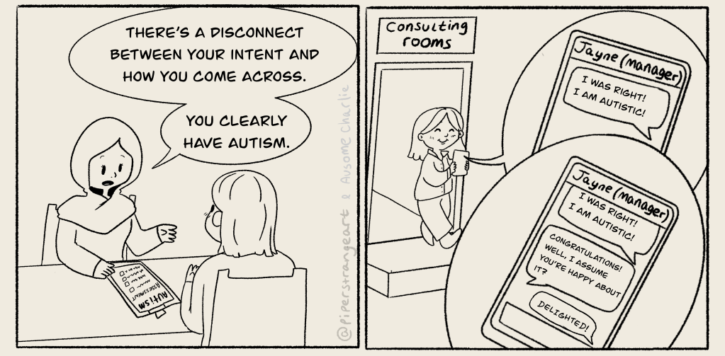 Image description: Two panel comic strip, black line drawings on a cream background. Panel 1 shows a clinician, a woman wearing a hijab, sitting at a table with a clipboard. Charlie is sitting across the table from her. The clinician is saying There's a disconnect between your intent and how you come across. You clearly have autism. Panel 2 shows Charlie walking out of the doorway smiling. Above the door is a sign saying Consulting rooms. Charlie is holding her mobile phone. An inset shows the conversation she is having with a contact called Jayne (Manager). Charlie wrote I was right! I am autistic! Jayne wrote Congratulations! Well, I assume you're happy about it? Charlie wrote Delighted! Image credit shows @PiperStrangeArt and Ausome Charlie