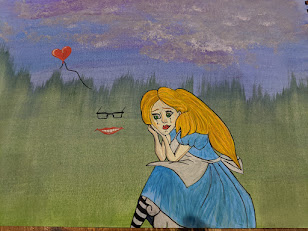 Watercolour and Posca pen painting of Charlie dressed as Alice in Wonderland, sitting with her head in her hands, tears running down her face. In front of her is a pair of black-framed glasses and a broad grin, implying Iggy disappearing like the Cheshire Cat, leaving only a grin. A red heart-shaped balloon on a string is floating away.