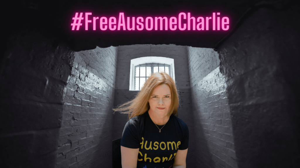 A dark grey prison cell, minimal light coming from small window with bars. Charlie is sitting in front of the window, on a black chair, frowning, wearing a black t-shirt with Ausome Charlie in gold letters. Large pink neon text at the top says #FreeAusomeCharlie
