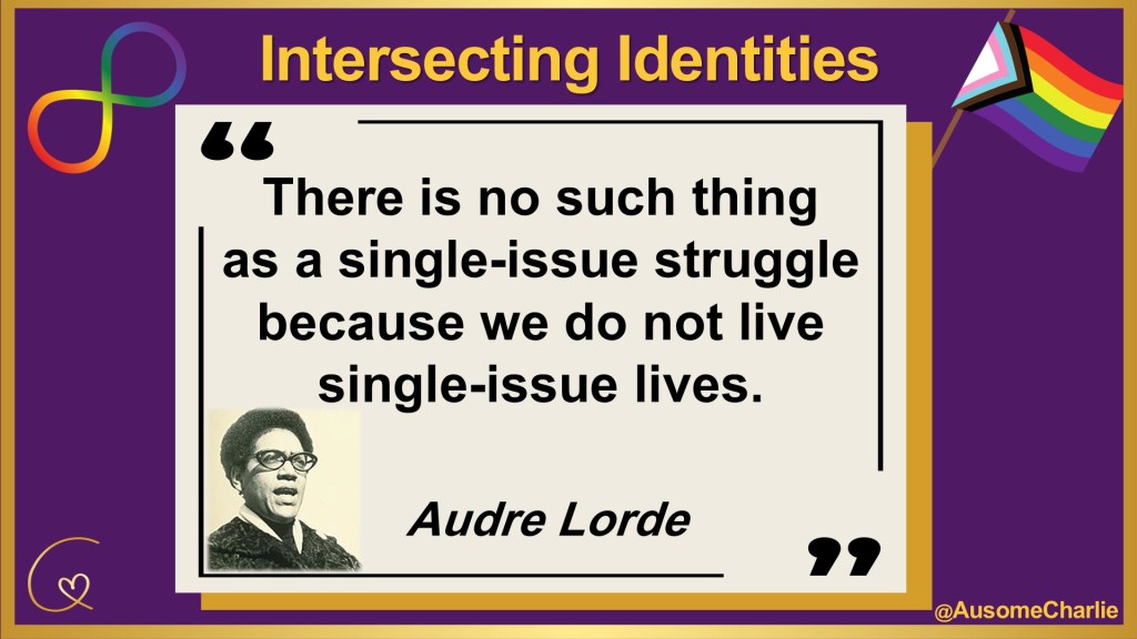 Intersecting Identities. There is no such thing as a single-issue struggle because we do not live single-issue lives. Audre Lorde. Cream quote card on purple background with gold frame by @AusomeCharlie. Rainbow infinity symbol top right, progress pride flag top right, small image of Audre Lorde, a Black woman with glasses and short afro hair.