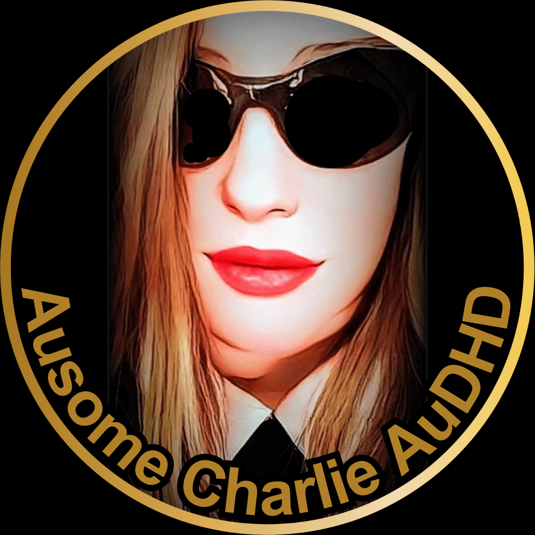 Cartoonised photo of Charlie wearing dark sunglasses, with a gold circle around it, and curved gold writing says Ausome Charlie AuDHD