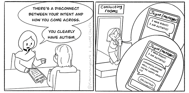 ‘Disconnect’ comic strip commissioned from Piper Strange Art by Ausome Charlie. Pane 1 depicts Charlie in a psychiatrist’s office for an autism assessment, the psychiatrist (a woman wearing a hijab) is saying ‘There’s a disconnect between your intent and how you come across. You clearly have autism’. Pane 2 depicts Charlie leaving the appointment smiling, and immediately texting her manager, Jayne. Text message to Jayne says, ‘I was right, I am autistic’ and Jayne’s reply says ‘Congratulations! Well, I assume you’re happy about it?’ and Charlie’s reply says ‘Delighted!’